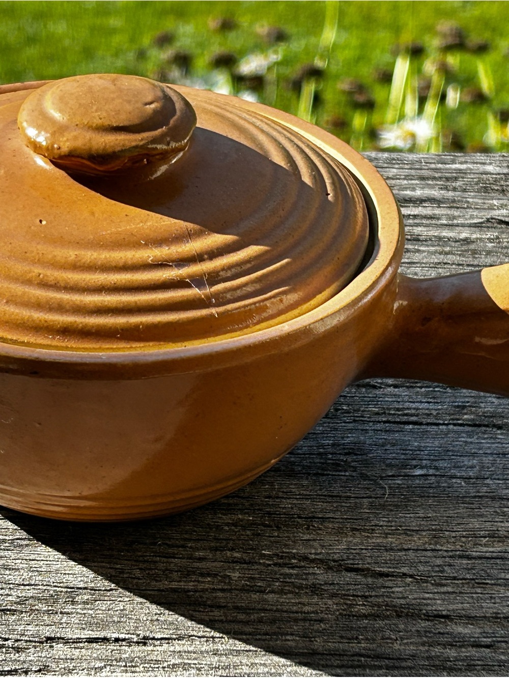 Vintage Brown glazed Stoneware Ceramic Handle Casserole with Lid MCM